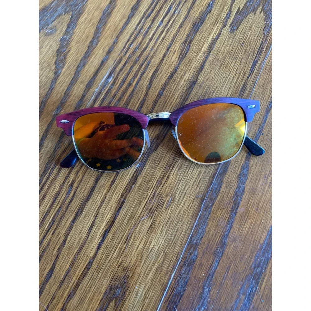 Wood Grain Browline Sunglasses Orange Mirror Lens LS740 UV400 Retro Mens Womens